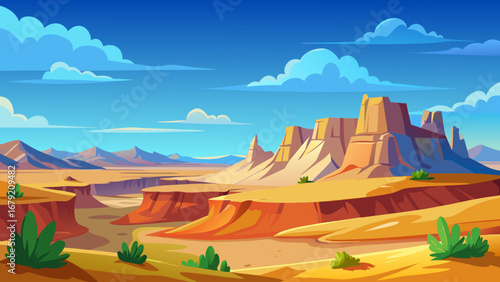 Vector art of cartoon desert landscape with mountains, canyons, and blue sky, perfect for travel, adventure, and naturethemed illustrations