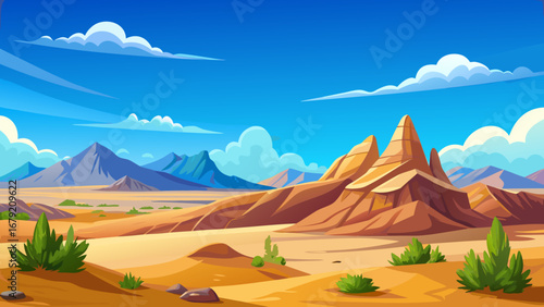 Vector art of cartoon desert landscape with mountains, sand dunes, and cactus under a blue sky with clouds, perfect for a travel or adventure background