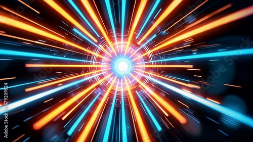 Abstract burst of neon orange and blue light rays radiating outward creating futuristic energy explosion effect