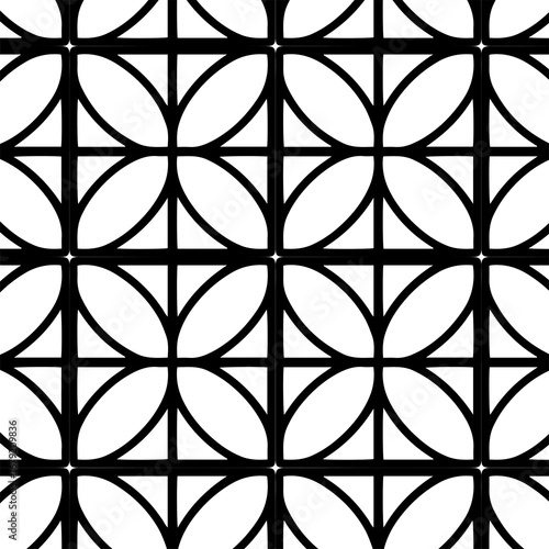 Seamless pattern composed of a repeating tile featuring four curved shapes that resemble petals or leaves. Bold and symmetrical, related to artistic wallpaper, textile prints, digital background