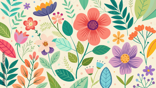 Vector art of vibrant floral pattern with colorful flowers, leaves, and botanical elements, perfect for spring and summer designs, fabric, wallpaper, and decorative backdrops