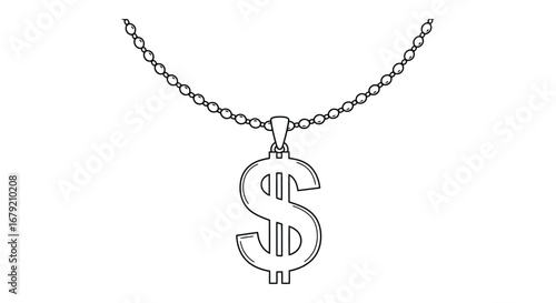Dollar Sign Pendant Necklace Outline on White Background Represents Wealth