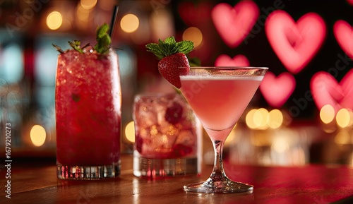 Romantic cocktails in a dimly lit bar with heart-shaped decorations