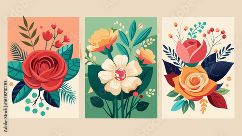 Vector art of vintage floral arrangement featuring roses, leaves, and decorative elements, perfect for cards, invitations, and romantic designs with a retro touch