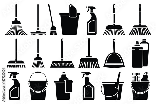 Vector art of set of various cleaning tools, including brooms, mops, buckets, sprays, and dustpans for housework and domestic chores