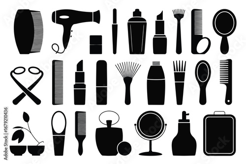 Vector art of black silhouette of various beauty and makeup products, including brushes, lipstick, perfume, and other accessories