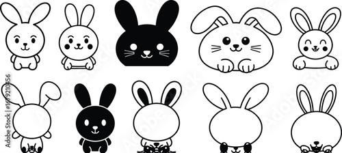 Cute rabbit illustrations, bunny front and back view, cartoon animal line art, black and white hare drawings, pet character design, vector icon set