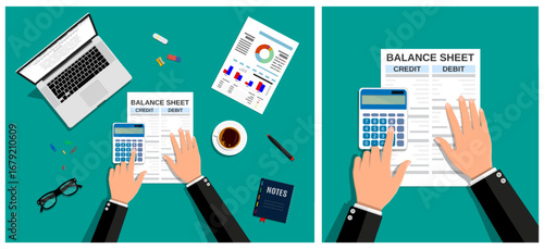 Man calculating finances on balance sheet with calculator and laptop on a vibrant green table, flat vector illustration for accounting and business concepts.