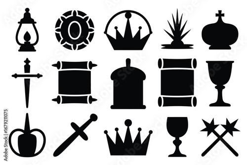 Vector art of collection of royal symbols and medieval artifacts, including crowns, swords, scrolls, goblets, and lanterns