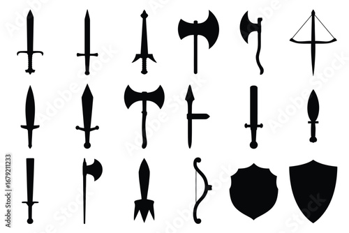 Vector art of collection of medieval weapon silhouettes, including swords, axes, shields, daggers, bows, and crossbows