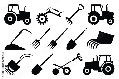 Vector art of collection of farming equipment silhouettes, including tractors, plows, rakes, shovels, pitchforks, and other tools