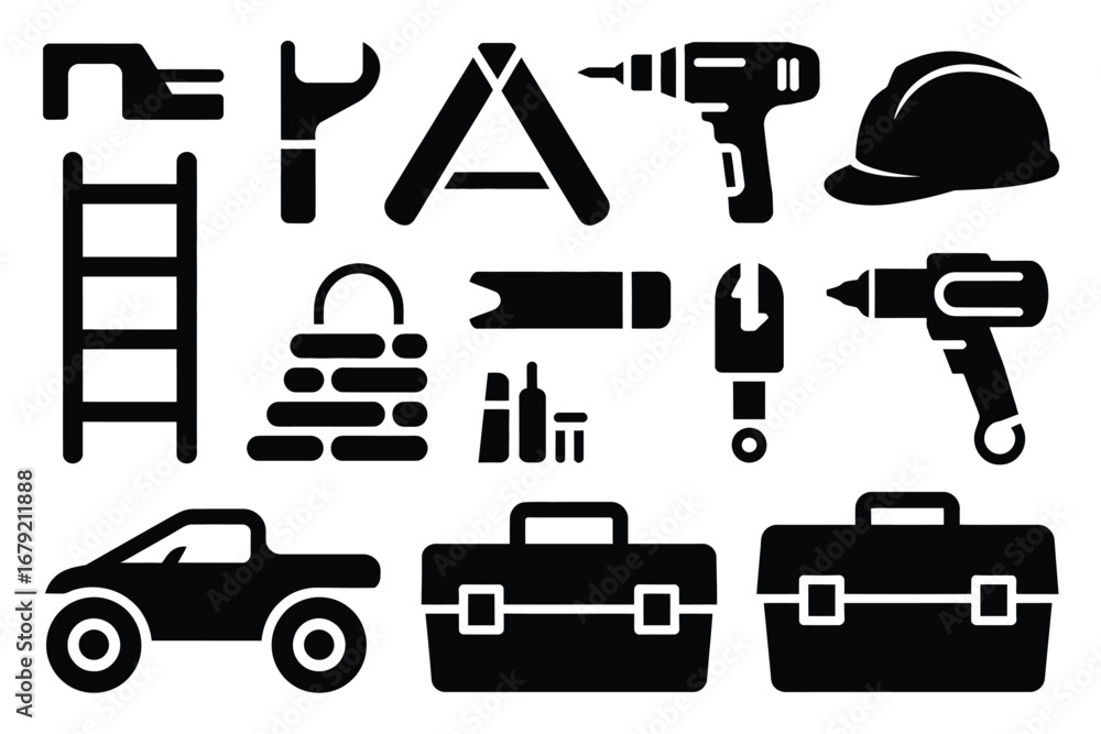 Fototapeta premium Vector art of collection of black and white construction and repair icons, including tools, equipment, safety gear, vehicles, and other hardware elements