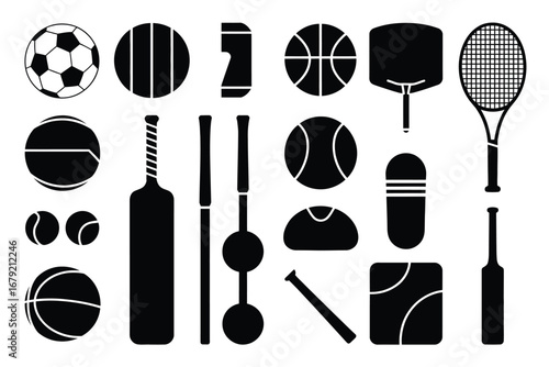 Vector art of collection of various sport equipment, including balls, bats, racquets, and other items for different sports