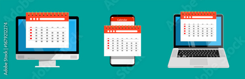 Calendar app on monitor, smartphone, and laptop. Digital schedule concept for event organization and planning.