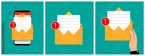 New message notification with smartphone and mail icon. Man receives important email. Business communication via digital technology.