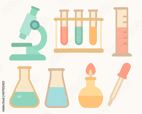 Illustration of various laboratory equipment, including a microscope and beakers, used for scientific experiments.