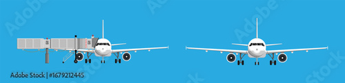 Passenger airplane front view and connected to jet bridge. Aircraft and airbridge for travel concept and airport terminal.