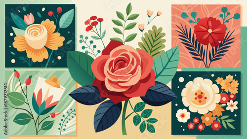 Vector art of a beautiful floral arrangement featuring roses and various flowers in a decorative and colorful design, perfect for wedding or greeting card