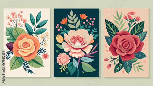 Vector art of three floral bouquets with roses and various flowers, perfect for cards, invitations, or decorative elements in a vintage and romantic style