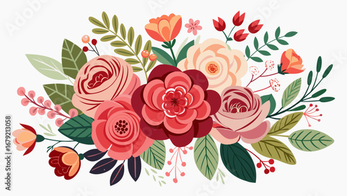 Vector art of charming floral bouquet with roses and foliage, perfect for wedding invitations, greeting cards, or decorative designs
