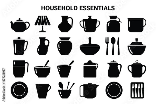 Vector art of household essentials vector icon set for kitchen, dining and home decoration needs in simple style