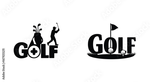Golf Silhouette Logos Featuring Golfer Bag and Hole in One Design