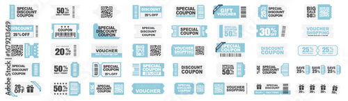 Coupon card set, gift vouchers and discount certificate. Promotion sale coupon mockup design with discounts and percent on transparent background