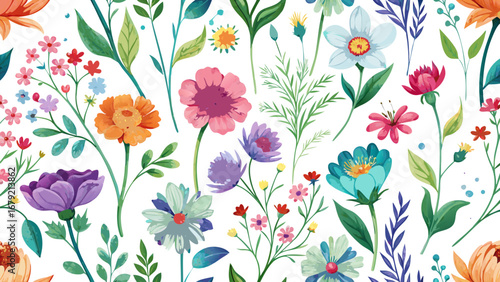 Vector art of seamless watercolor floral pattern, featuring a vibrant mix of colorful flowers and leaves for a decorative and artistic design