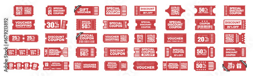 Coupon card set, gift vouchers and discount certificate. Promotion sale coupon mockup design with discounts and percent on transparent background