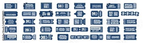 Coupon voucher ticket set with discount percent offer promotion on transparent background