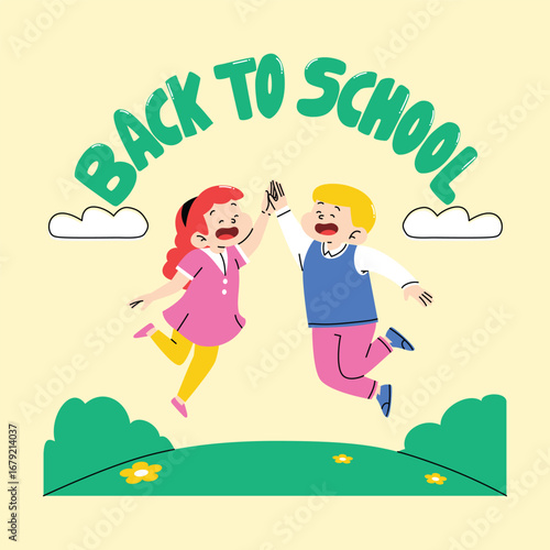 This vibrant illustration shows a happy reunion as two kids jump and high five in excitement, perfect for back-to-school announcements or celebratory content.
