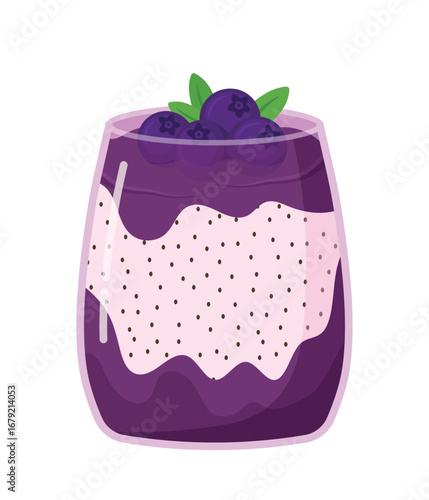 Blueberry chia seeds pudding in jar for sweet dessert food vector illustration