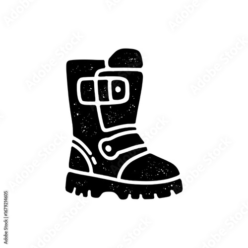 A rugged motocross boot illustration featuring classic buckles. A symbol of rider safety and the tough lifestyle of the track