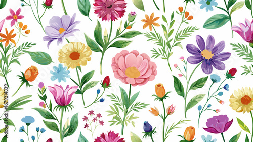 Vector art of watercolor floral seamless pattern, perfect for textile, wallpaper, and decorative design with spring flowers