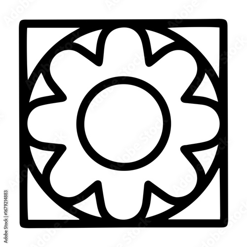 Outline-style image features a stylized six-petal flower with a large, hollow center, creating a gear-like appearance within a square frame. Related to logo design, icons, or as a decorative element