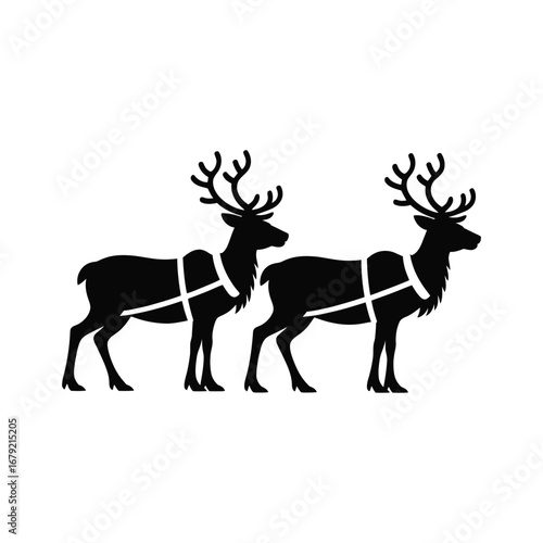 Pair of Reindeer Silhouette Illustration with Harnesses for Festive Holiday Designs