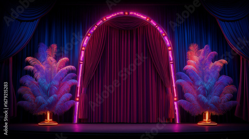 Retro stage with neon arch and feather decorations