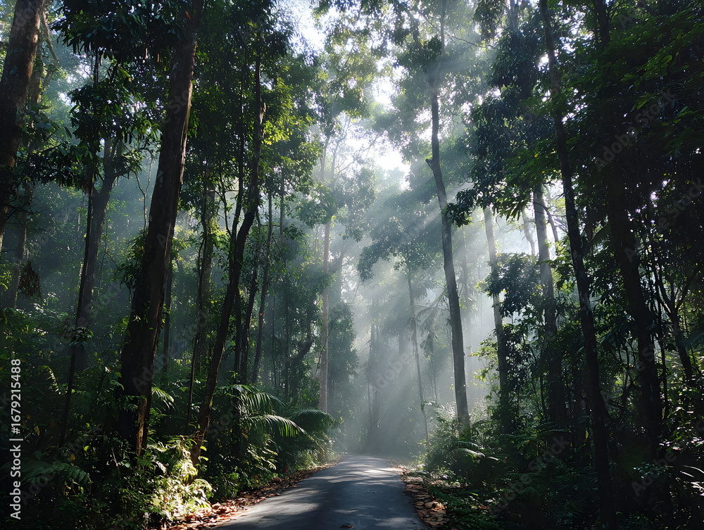 Obraz premium Verdant Forest Road with Bright Sunlight Streaming Through Tall Green Trees