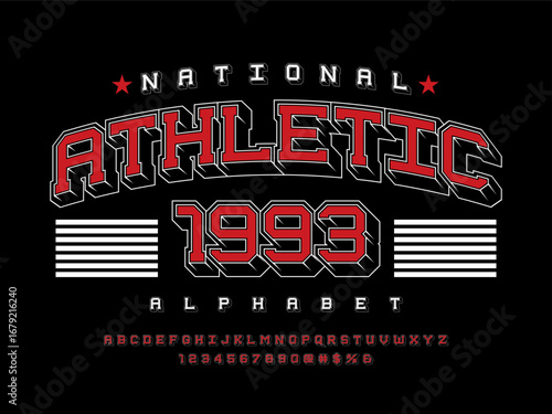 sports style alphabet design with uppercase, numbers and symbols