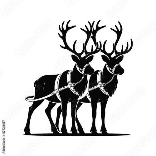 Reindeer Team Silhouette Illustration with Harnesses and Detailed Antlers Design