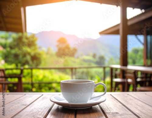 Coffee cup on a wooden table overlooking a scenic mountain view
