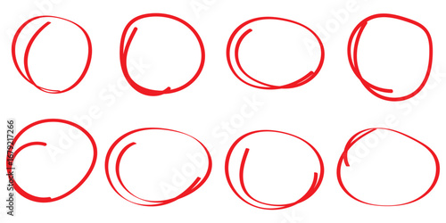 red pen hand drawn doodle marks, red circle and oval stroke set. Outline red drawing line clipart symbol