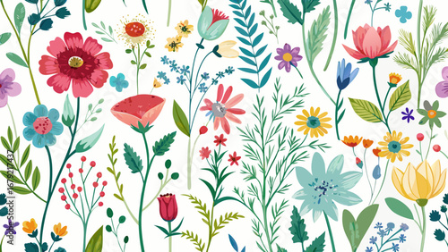 Vector art of watercolor floral seamless pattern featuring a mix of colorful flowers, leaves, and botanical elements for a fresh design