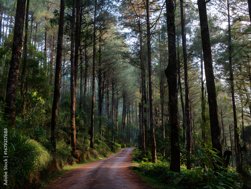 Obraz premium Forest Road with Tall Trees in Sunlight, Nature Landscape