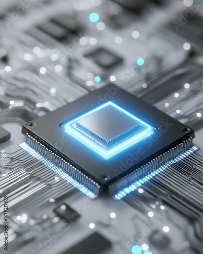 Close-up of glowing microchip on a circuit board.
