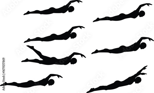 Swimming silhouette illustration, freestyle stroke sequence, swimmer training underwater, aquatic sports exercise, fitness motion pose, competitive swimming cycle, water athlete action, sport