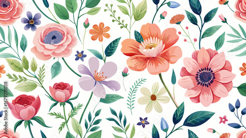 Vector art of seamless floral pattern with colorful flowers, perfect for textile, fabric, print, vintage, rose, leaf, nature and decoration