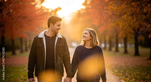 Happy Couple Holding Hands Walking in Autumn Park at Sunset, Romantic Fall Romance