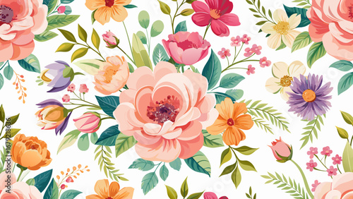 Vector art of elegant watercolor floral pattern, featuring roses, leaves, and branches, ideal for textile, wallpaper, or wrapping paper