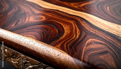 Close-up of Luxurious Exotic Wood Surface with Rich Swirling Grain Patterns and Carved Detail